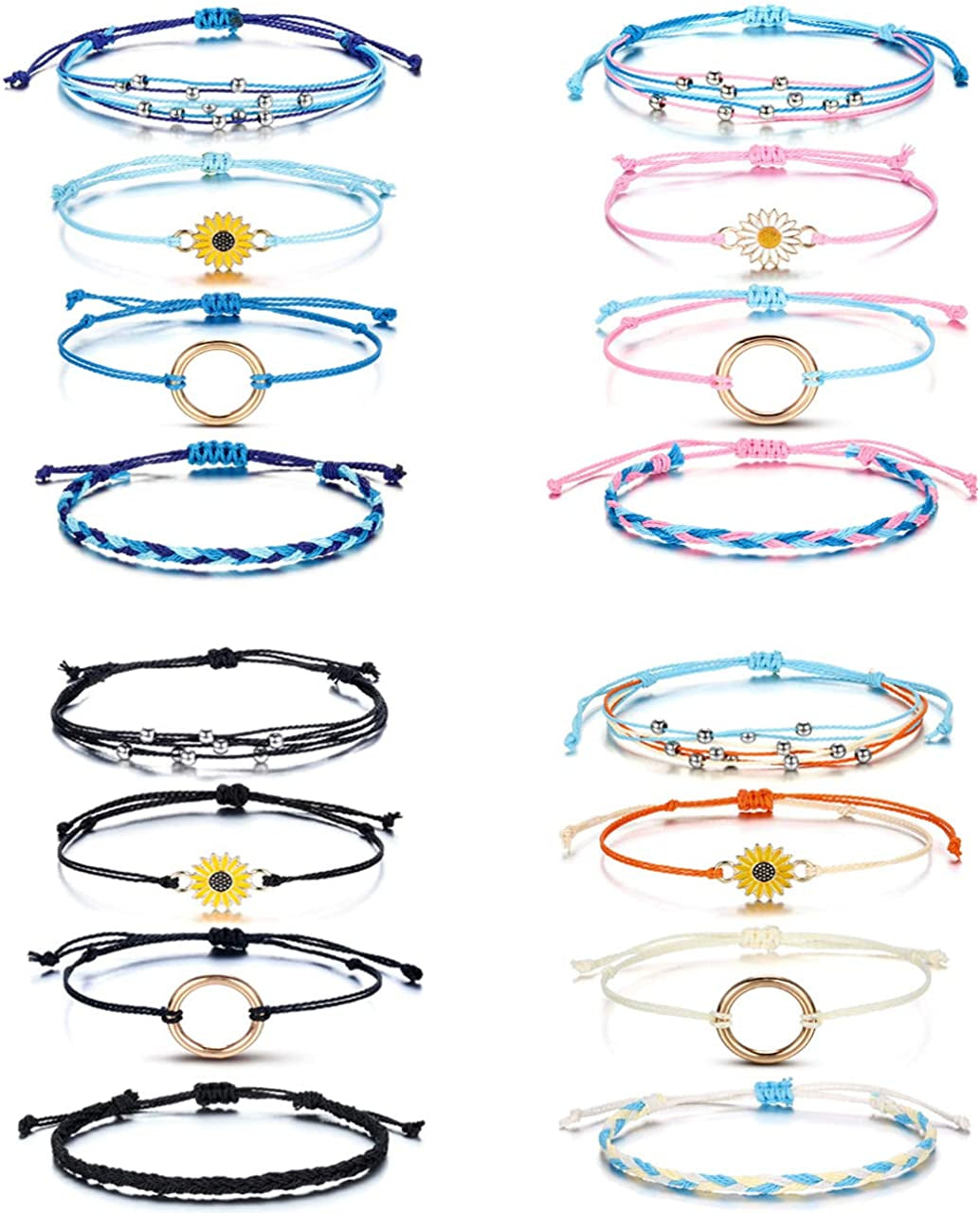 Top Plaza 4 Pcs Summer Surfer Wave Anklet Bracelets for Women Adjustable Strand Braided String Rope Bracelets Sunflower Friendship Bracelets Ocean Beach Jewelry for Women Teen Girls Apparel & Accessories > Jewelry > Anklets Top Plaza 4 Sets -16 Pcs