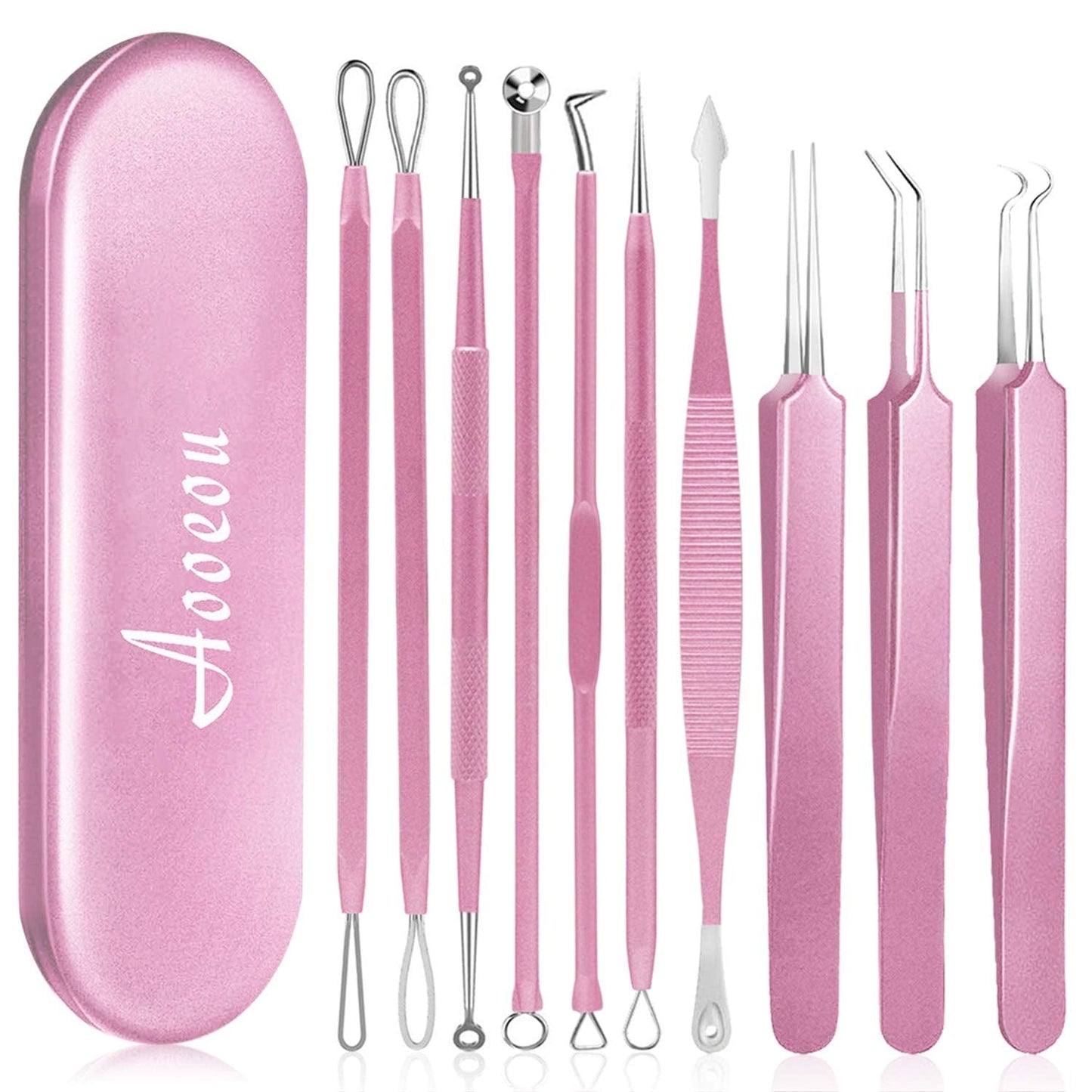 10PCS Blackhead Remover Tool, Aooeou Professional Pimple Popper Tool Kit - Treatment for Blemish, Whitehead Popping, Zit Removing for Risk Free Nose Face, Anti-Slip Coating Handle(Pink) Health & Beauty > Personal Care > Cosmetics > Cosmetic Tools > Skin Care Tools Aooeou Pink