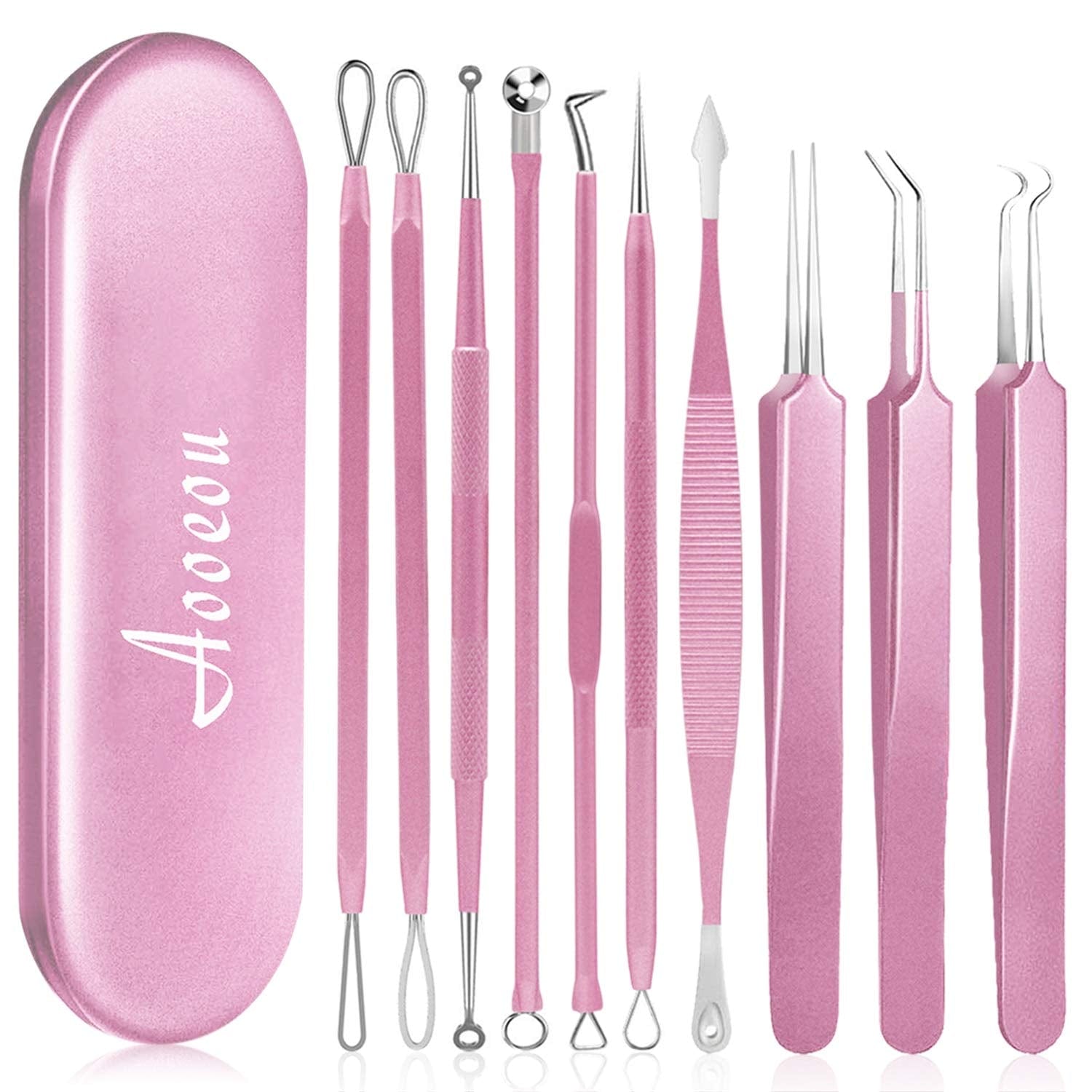 10PCS Blackhead Remover Tool, Aooeou Professional Pimple Popper Tool Kit - Treatment for Blemish, Whitehead Popping, Zit Removing for Risk Free Nose Face, Anti-Slip Coating Handle(Pink) Health & Beauty > Personal Care > Cosmetics > Cosmetic Tools > Skin Care Tools Aooeou Pink