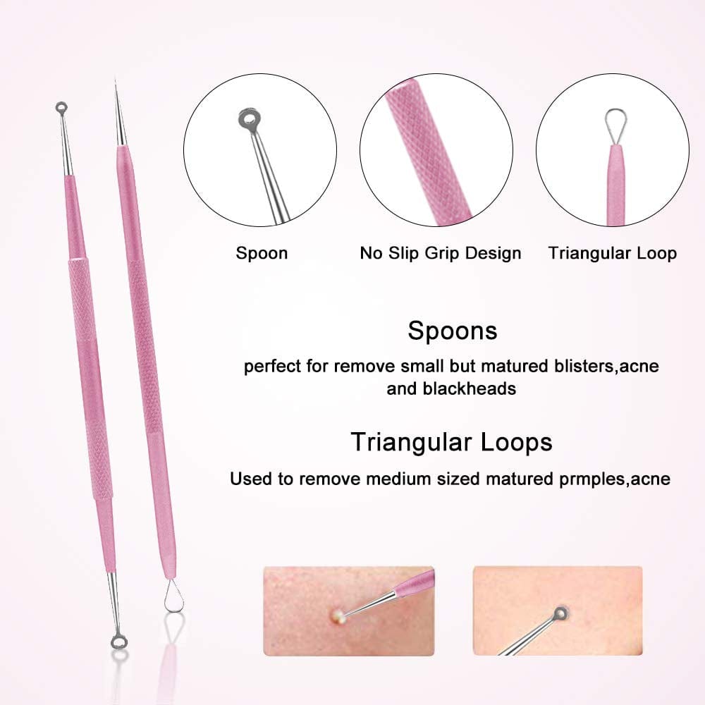 10PCS Blackhead Remover Tool, Aooeou Professional Pimple Popper Tool Kit - Treatment for Blemish, Whitehead Popping, Zit Removing for Risk Free Nose Face, Anti-Slip Coating Handle(Pink) Health & Beauty > Personal Care > Cosmetics > Cosmetic Tools > Skin Care Tools Aooeou