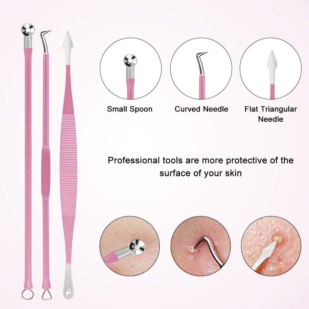 10PCS Blackhead Remover Tool, Aooeou Professional Pimple Popper Tool Kit - Treatment for Blemish, Whitehead Popping, Zit Removing for Risk Free Nose Face, Anti-Slip Coating Handle(Pink) Health & Beauty > Personal Care > Cosmetics > Cosmetic Tools > Skin Care Tools Aooeou