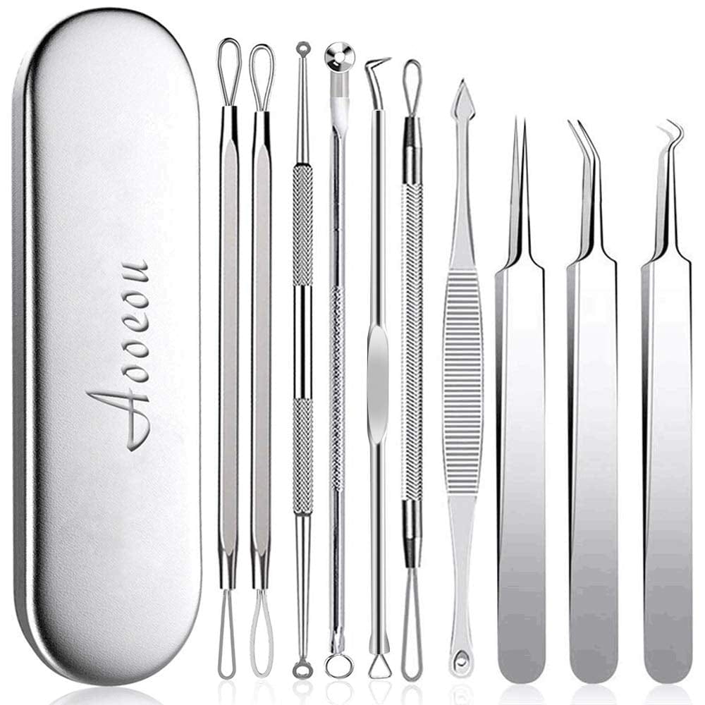10PCS Blackhead Remover Tool, Aooeou Professional Pimple Popper Tool Kit - Treatment for Blemish, Whitehead Popping, Zit Removing for Risk Free Nose Face, Anti-Slip Coating Handle(Pink) Health & Beauty > Personal Care > Cosmetics > Cosmetic Tools > Skin Care Tools Aooeou Silver