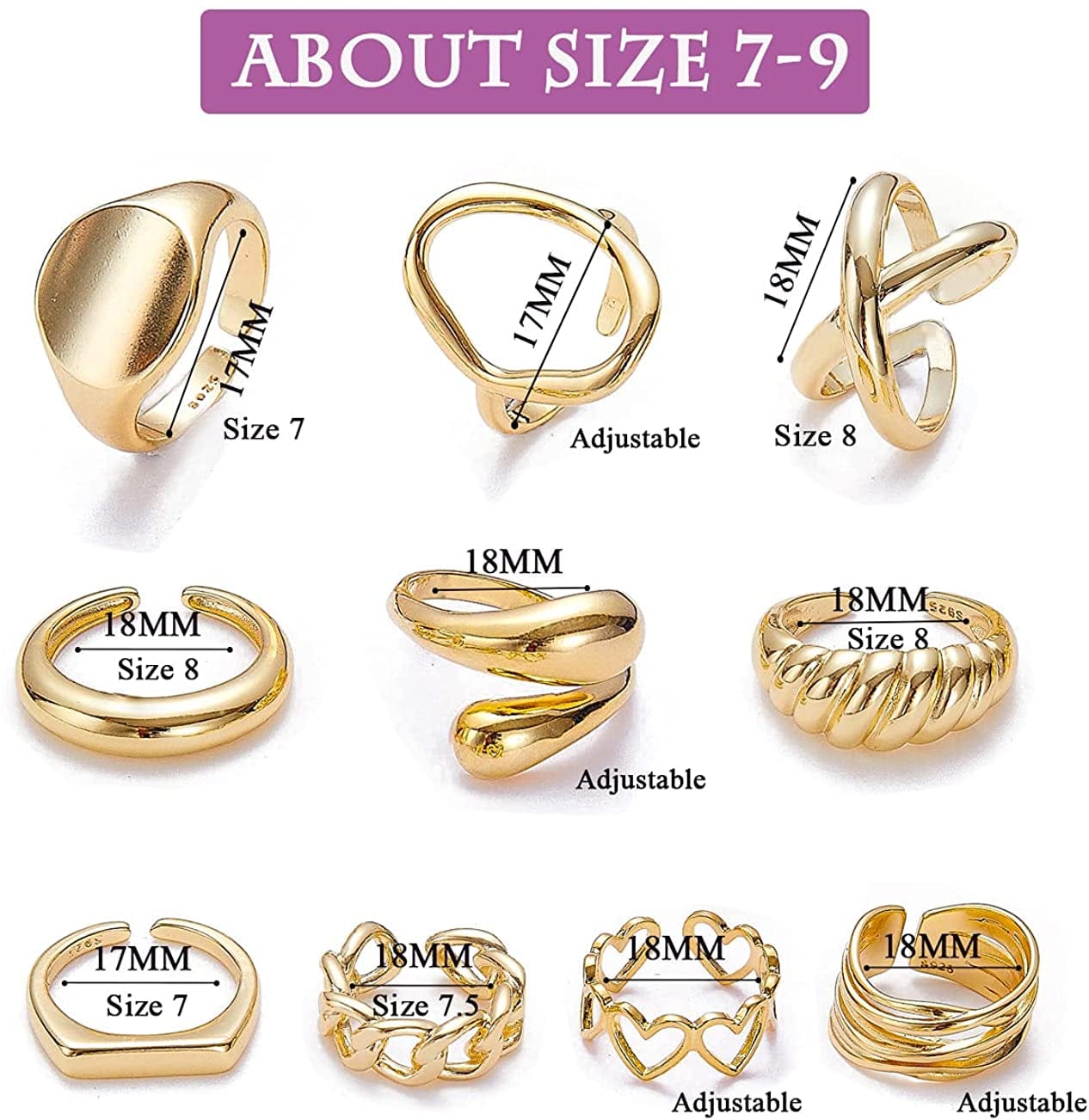 10PCS Gold Dome Chunky Rings for Women 18K Gold Plated Braided Twisted round Signet Rings Adjustable Open Ring Band Statement Jewelry Size 7-9