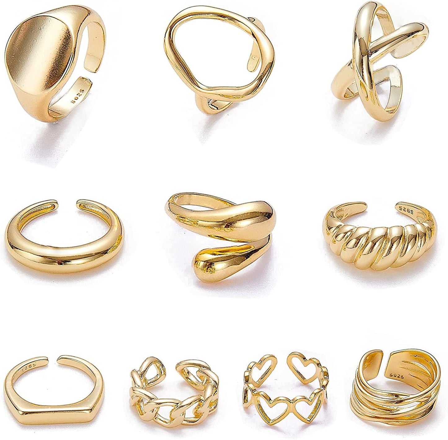 10PCS Gold Dome Chunky Rings for Women 18K Gold Plated Braided Twisted round Signet Rings Adjustable Open Ring Band Statement Jewelry Size 7-9 Gold