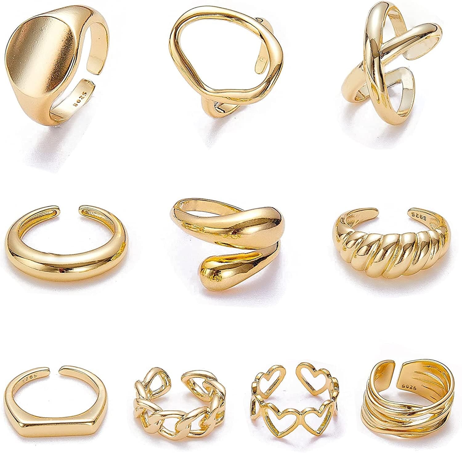 10PCS Gold Dome Chunky Rings for Women 18K Gold Plated Braided Twisted round Signet Rings Adjustable Open Ring Band Statement Jewelry Size 7-9 Gold