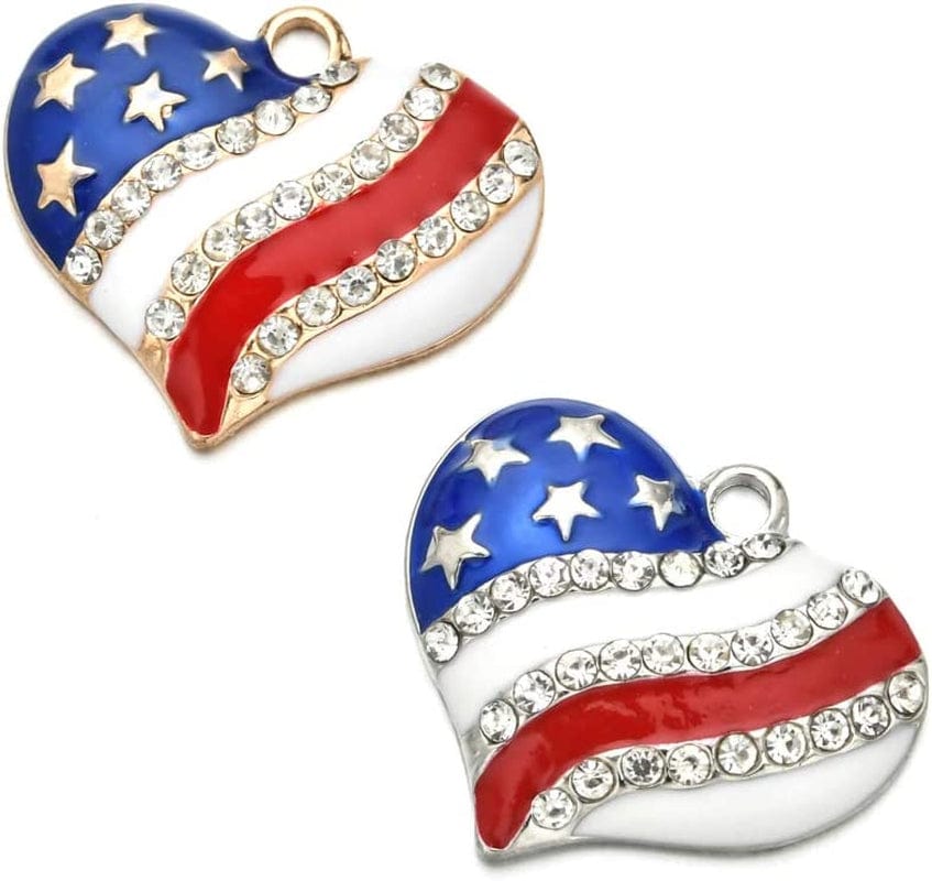 10Pcs Heart Star American Flag Charms Pendant Inlay Crystal Patriotic Enamel Charms for 4Th Independence Day Ornament of July DIY Decoration Jewelry Making