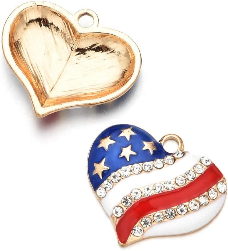 10Pcs Heart Star American Flag Charms Pendant Inlay Crystal Patriotic Enamel Charms for 4Th Independence Day Ornament of July DIY Decoration Jewelry Making