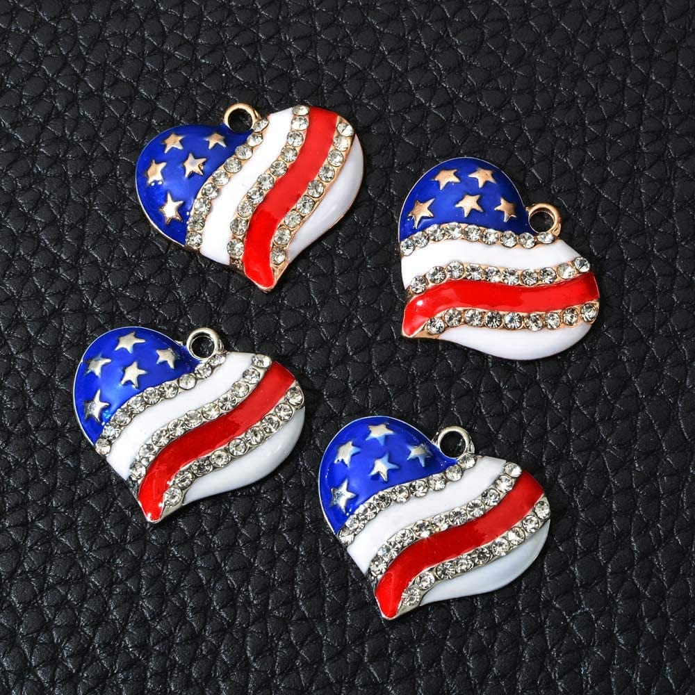10Pcs Heart Star American Flag Charms Pendant Inlay Crystal Patriotic Enamel Charms for 4Th Independence Day Ornament of July DIY Decoration Jewelry Making