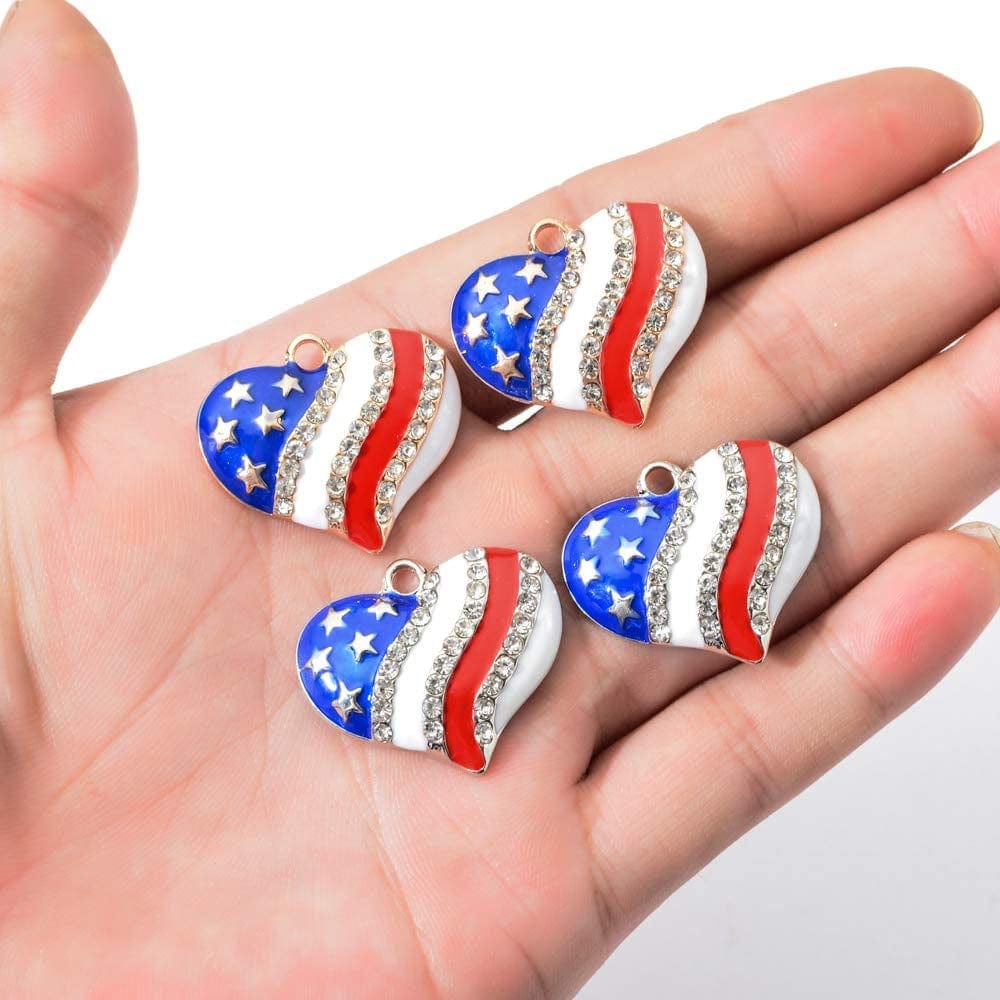 10Pcs Heart Star American Flag Charms Pendant Inlay Crystal Patriotic Enamel Charms for 4Th Independence Day Ornament of July DIY Decoration Jewelry Making