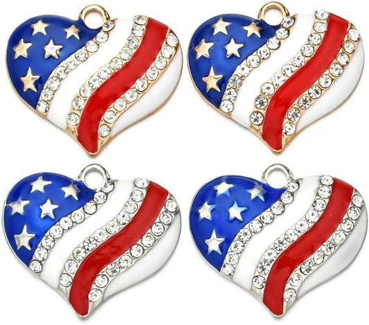 10Pcs Heart Star American Flag Charms Pendant Inlay Crystal Patriotic Enamel Charms for 4Th Independence Day Ornament of July DIY Decoration Jewelry Making