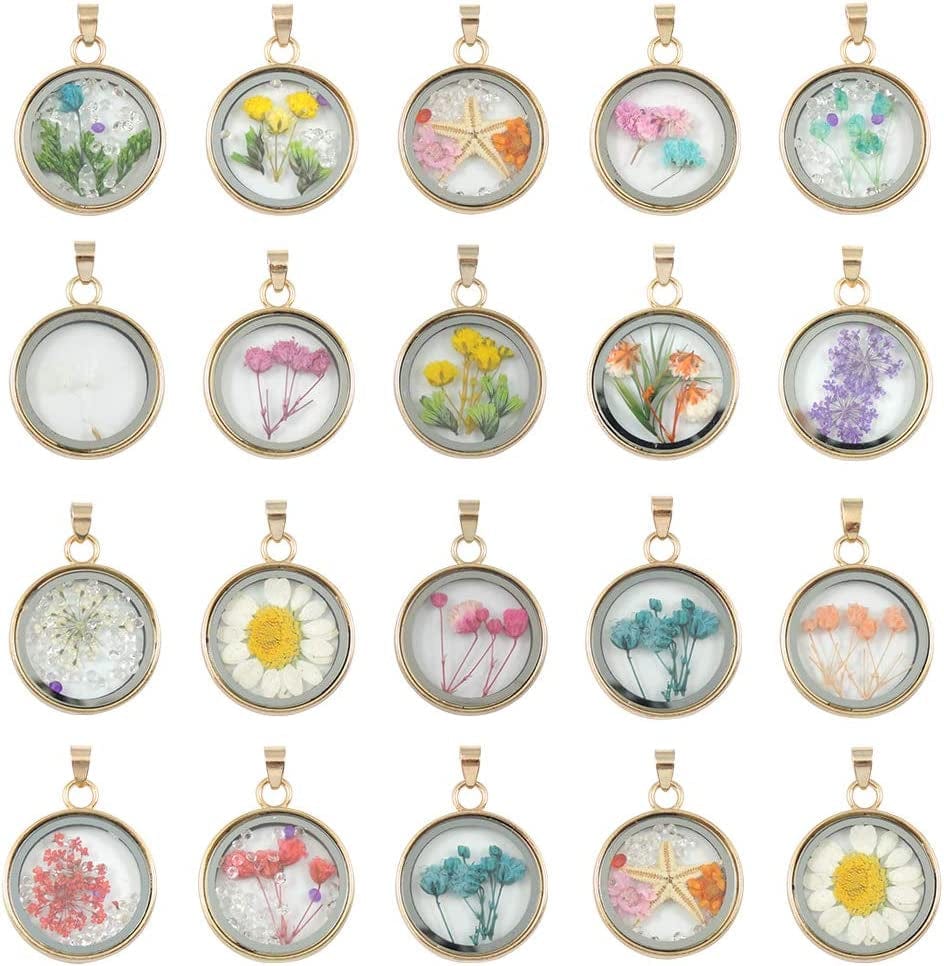 10Pcs Mixed Stainless Steel Tone round Shape Dried Pressed Flower Pendant Flower Plant Charm Floating Pendant Necklace Making Supplies Golden tone