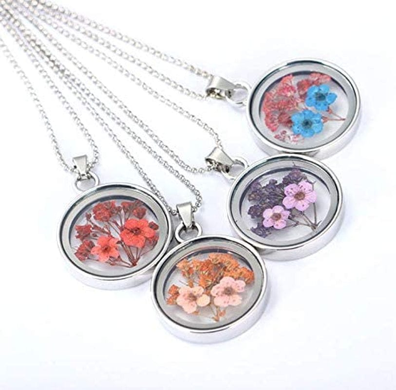 10Pcs Mixed Stainless Steel Tone round Shape Dried Pressed Flower Pendant Flower Plant Charm Floating Pendant Necklace Making Supplies