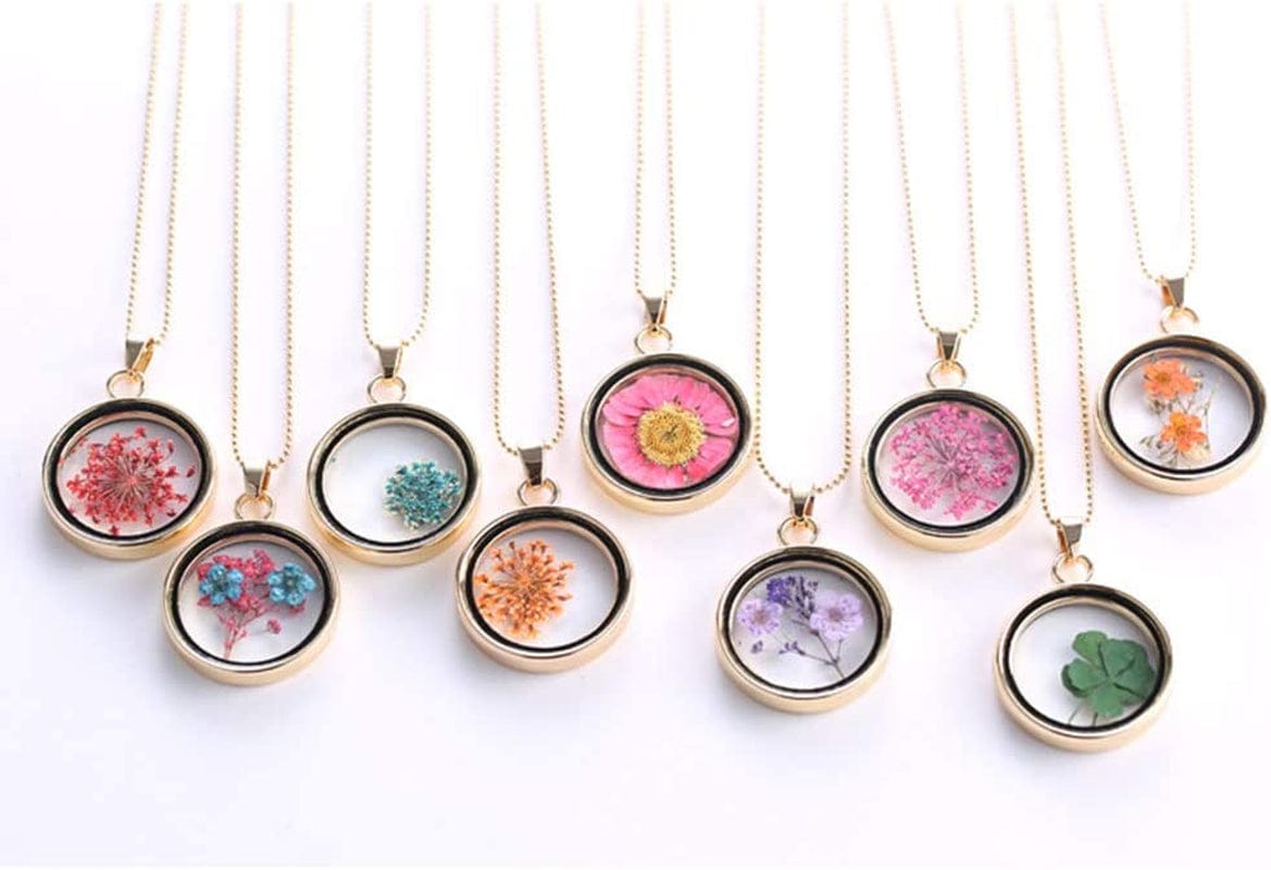 10Pcs Mixed Stainless Steel Tone round Shape Dried Pressed Flower Pendant Flower Plant Charm Floating Pendant Necklace Making Supplies