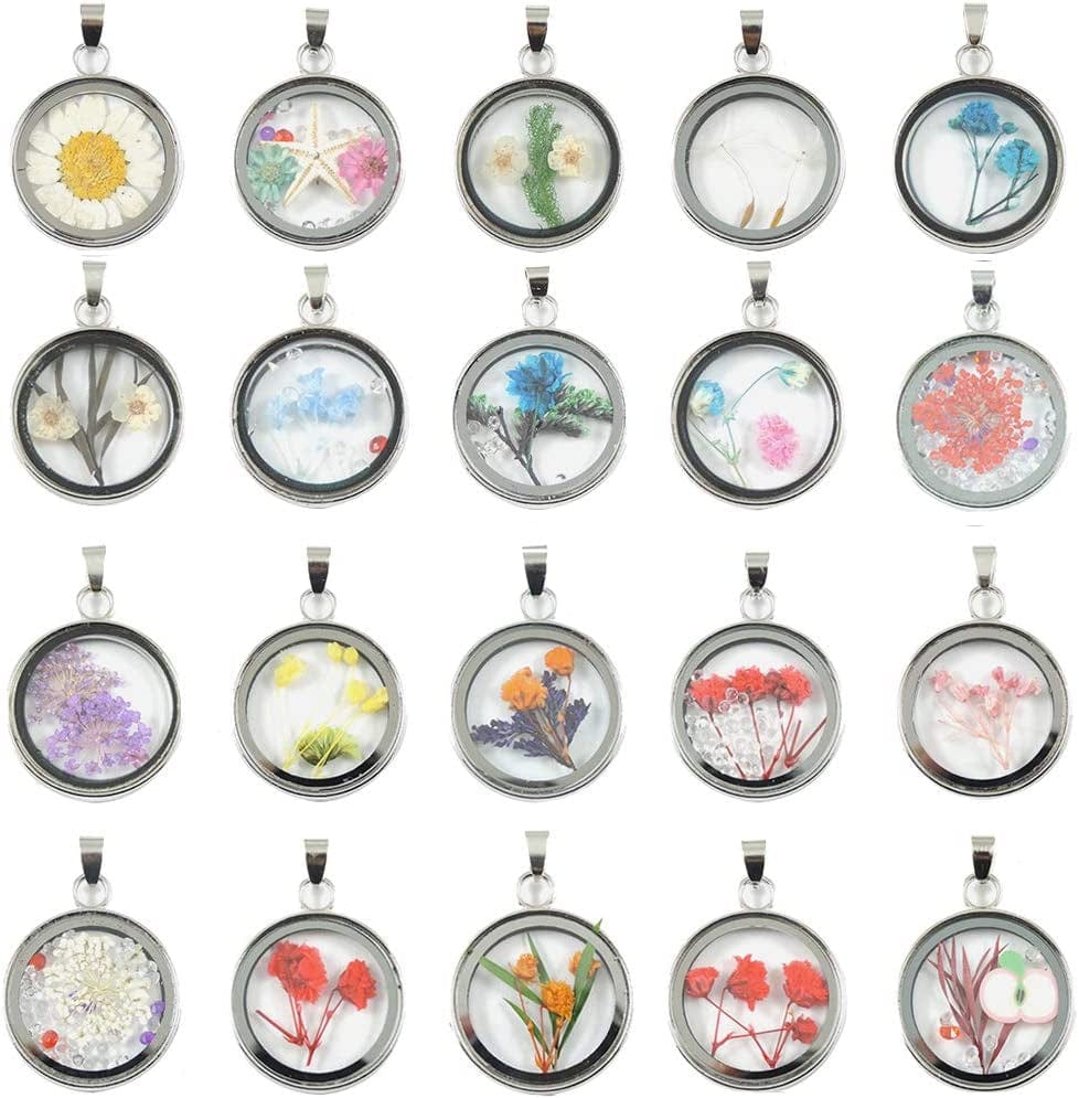 10Pcs Mixed Stainless Steel Tone round Shape Dried Pressed Flower Pendant Flower Plant Charm Floating Pendant Necklace Making Supplies Stainless steel tone