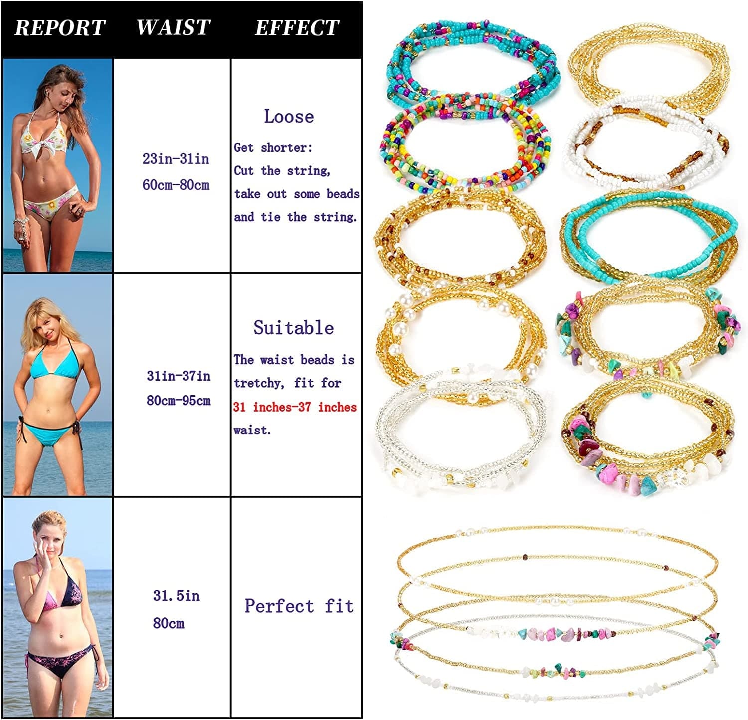 10PCS Waist Beads for Women with Crystals,Summer Belly Body Chain African Stretchy Waist Jewellery, Size 31"-37" Apparel & Accessories > Jewelry > Body Jewelry PgyBnk