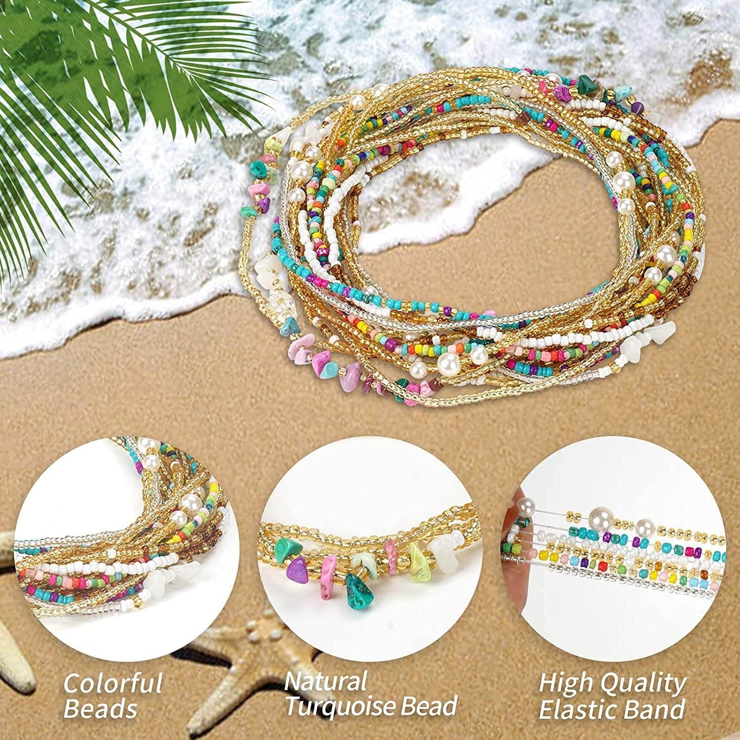 10PCS Waist Beads for Women with Crystals,Summer Belly Body Chain African Stretchy Waist Jewellery, Size 31"-37" Apparel & Accessories > Jewelry > Body Jewelry PgyBnk