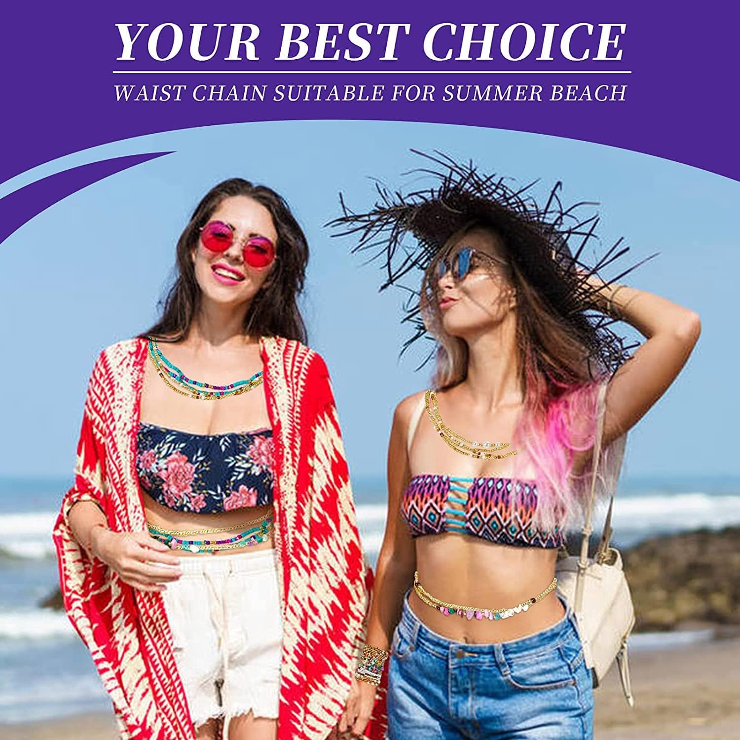 10PCS Waist Beads for Women with Crystals,Summer Belly Body Chain African Stretchy Waist Jewellery, Size 31"-37" Apparel & Accessories > Jewelry > Body Jewelry PgyBnk