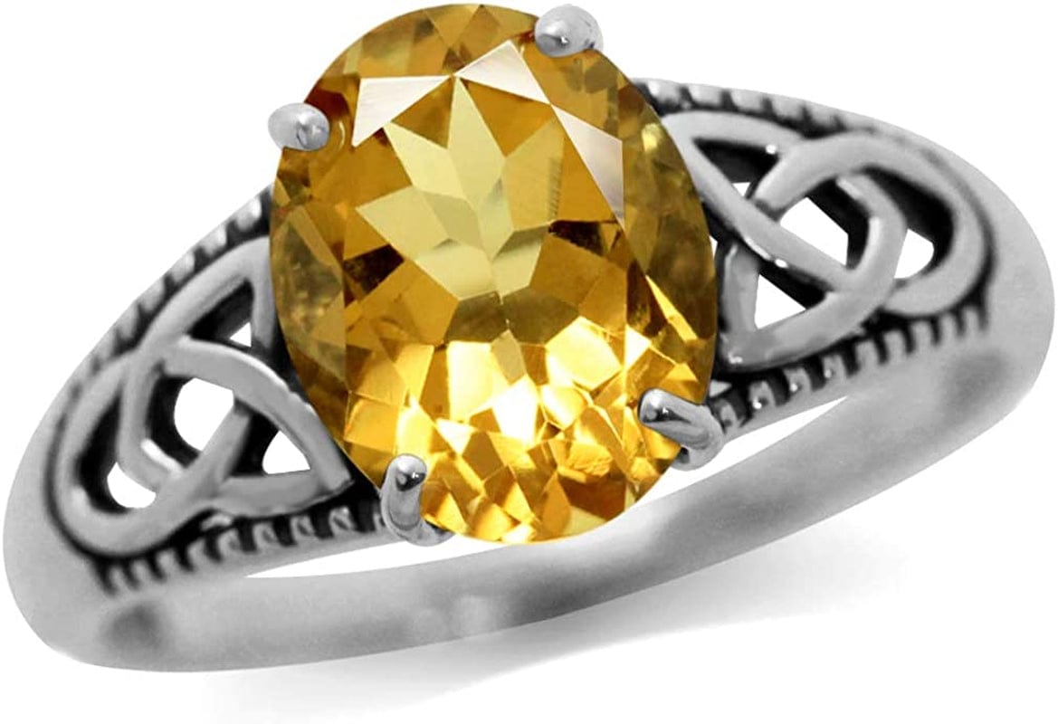 10X8Mm Oval Shape Gemstone 925 Sterling Silver Triquetra Celtic Knot Solitaire Ring Jewelry for Women 7 / genuine yellow citrine - november birthstone