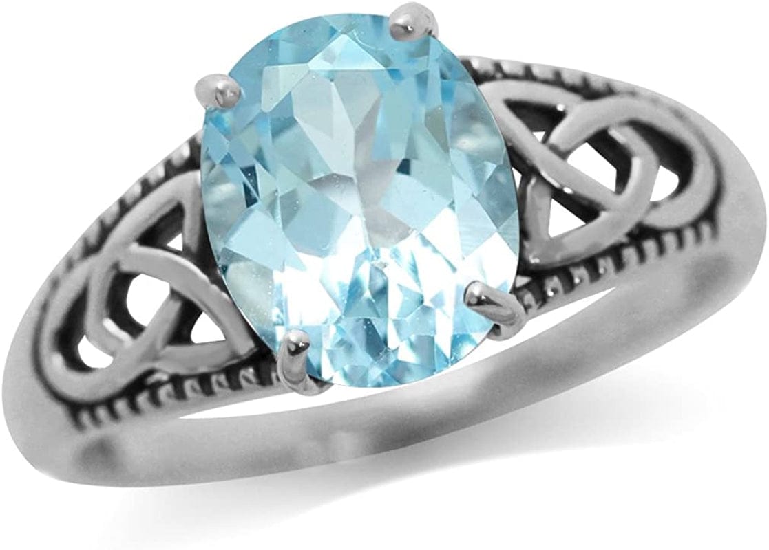 10X8Mm Oval Shape Gemstone 925 Sterling Silver Triquetra Celtic Knot Solitaire Ring Jewelry for Women 7.5 / genuine blue topaz - december birthstone