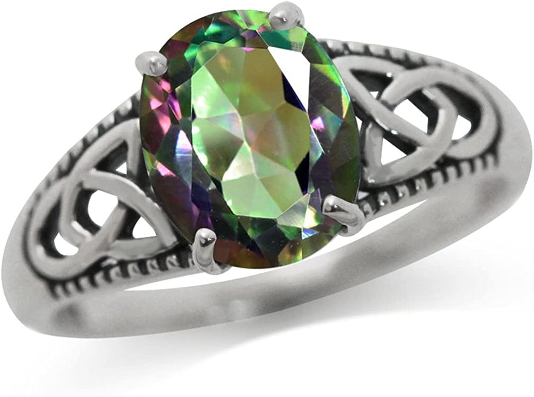 10X8Mm Oval Shape Gemstone 925 Sterling Silver Triquetra Celtic Knot Solitaire Ring Jewelry for Women 6.5 / Topaz