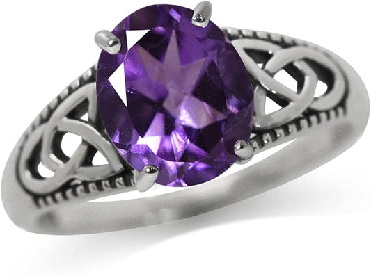 10X8Mm Oval Shape Gemstone 925 Sterling Silver Triquetra Celtic Knot Solitaire Ring Jewelry for Women 6.5 / natural african amethyst - january birthstone