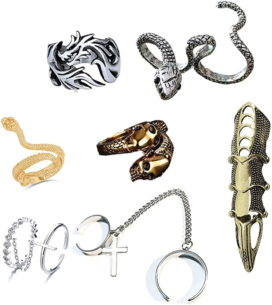 11 Pcs Vintage Frog Rings Cute Animal Open Ring Retro Snake Rings Set Full Finger Ring Statement Biker Punk Rings for Women Girls Men 7pcs