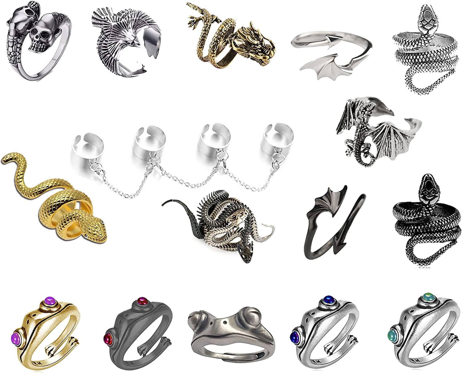 11 Pcs Vintage Frog Rings Cute Animal Open Ring Retro Snake Rings Set Full Finger Ring Statement Biker Punk Rings for Women Girls Men 17pcs