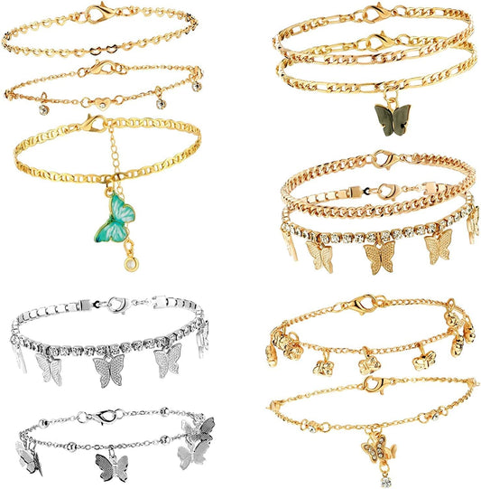 11 Pieces Anklets for Women Cute Charms Butterfly Ankle Bracelets Rhinestone Anklets Boho Beach Layered Chain Anklets for Girls Foot Jewelry Apparel & Accessories > Jewelry > Anklets Hicarer