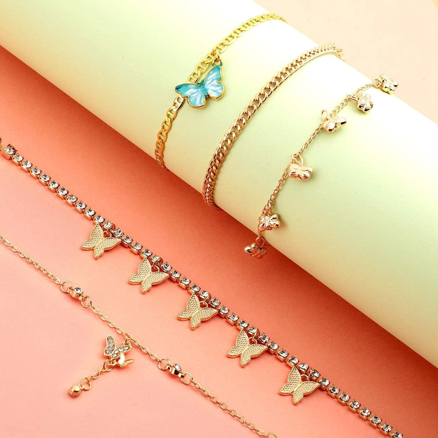 11 Pieces Anklets for Women Cute Charms Butterfly Ankle Bracelets Rhinestone Anklets Boho Beach Layered Chain Anklets for Girls Foot Jewelry Apparel & Accessories > Jewelry > Anklets Hicarer