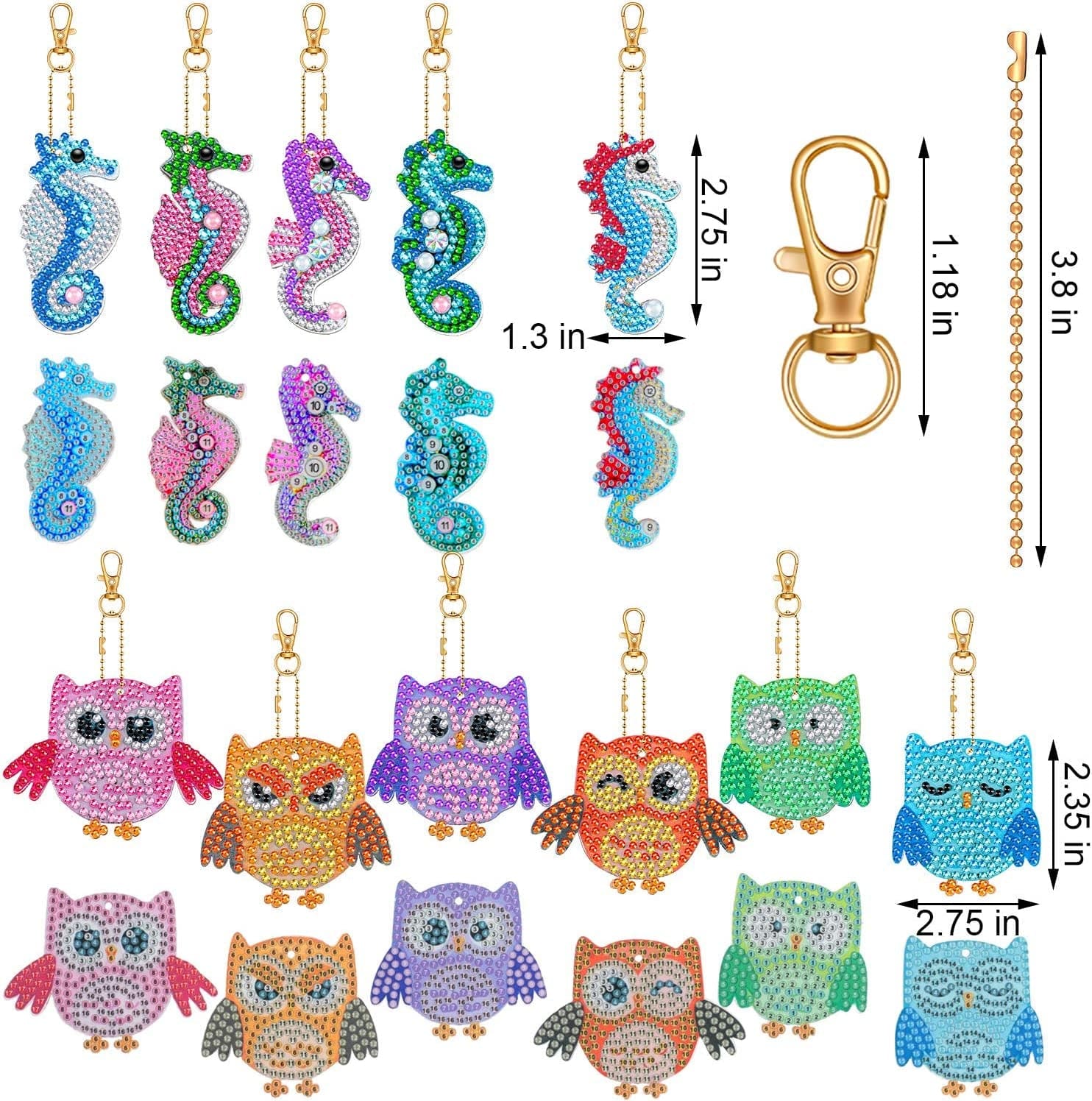 11 Pieces DIY Diamond Painting Keychains Full round Drill 5D Diamond Painting Pendant Owl and Sea Horse Shaped Diamond Painting Pendant Ornaments for Art Craft, Key Ring, Phone Charm, Bag Decor