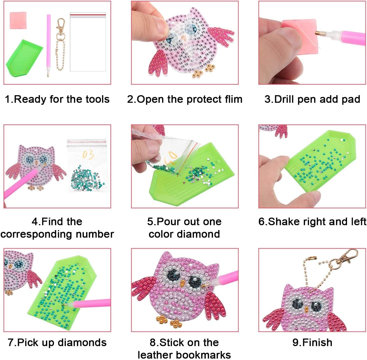 11 Pieces DIY Diamond Painting Keychains Full round Drill 5D Diamond Painting Pendant Owl and Sea Horse Shaped Diamond Painting Pendant Ornaments for Art Craft, Key Ring, Phone Charm, Bag Decor