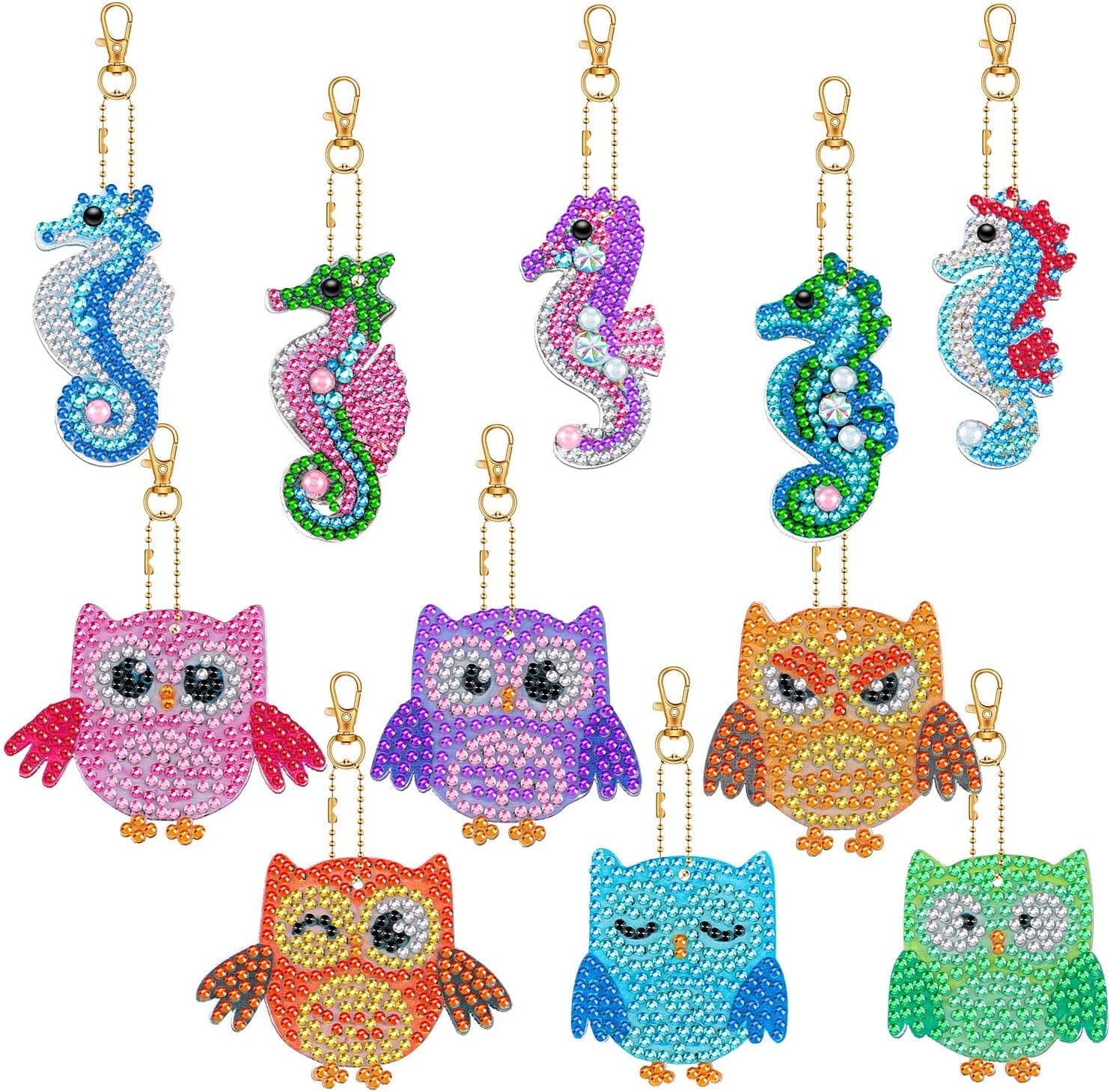 11 Pieces DIY Diamond Painting Keychains Full round Drill 5D Diamond Painting Pendant Owl and Sea Horse Shaped Diamond Painting Pendant Ornaments for Art Craft, Key Ring, Phone Charm, Bag Decor
