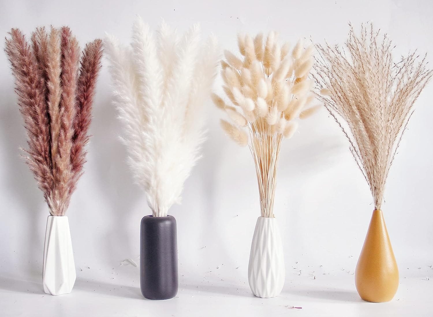 110 PCS Dried Pampas Grass Bouquet, Boho Table Decor, Bunny Tails Dried Flowers, Brown Pompas, White Pampas Grass for Wedding, Home, Rustic Party, Baby Shower Decorations 100Pcs Pampas Grass-B