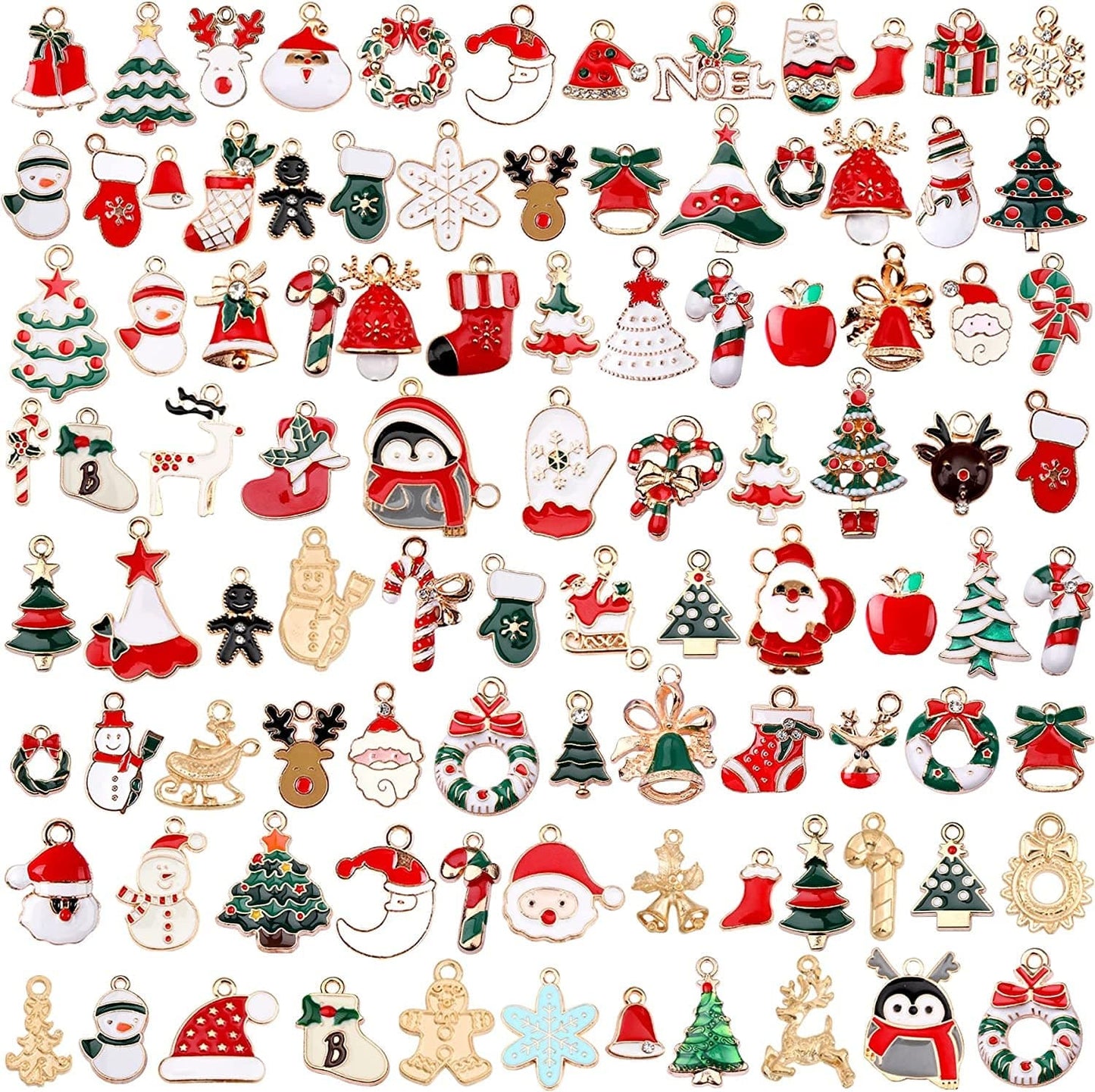 110Pcs 55 Pairs Christmas Charms Gold Enamel Jewelry Pendants for Xmas Earring Bracelet Necklace Craft Making Christmas Charms