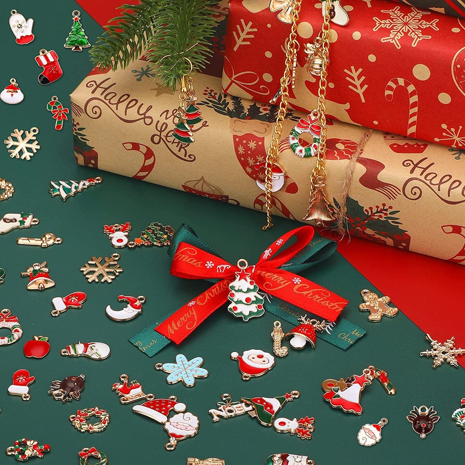 110Pcs 55 Pairs Christmas Charms Gold Enamel Jewelry Pendants for Xmas Earring Bracelet Necklace Craft Making
