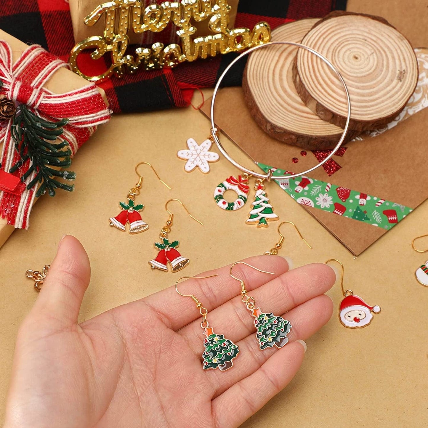 110Pcs 55 Pairs Christmas Charms Gold Enamel Jewelry Pendants for Xmas Earring Bracelet Necklace Craft Making