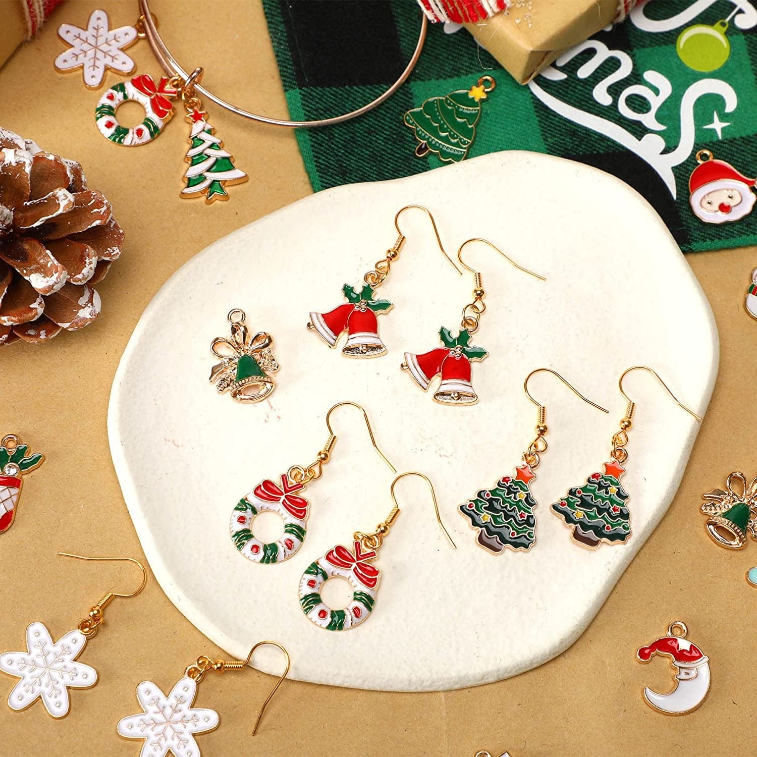 110Pcs 55 Pairs Christmas Charms Gold Enamel Jewelry Pendants for Xmas Earring Bracelet Necklace Craft Making