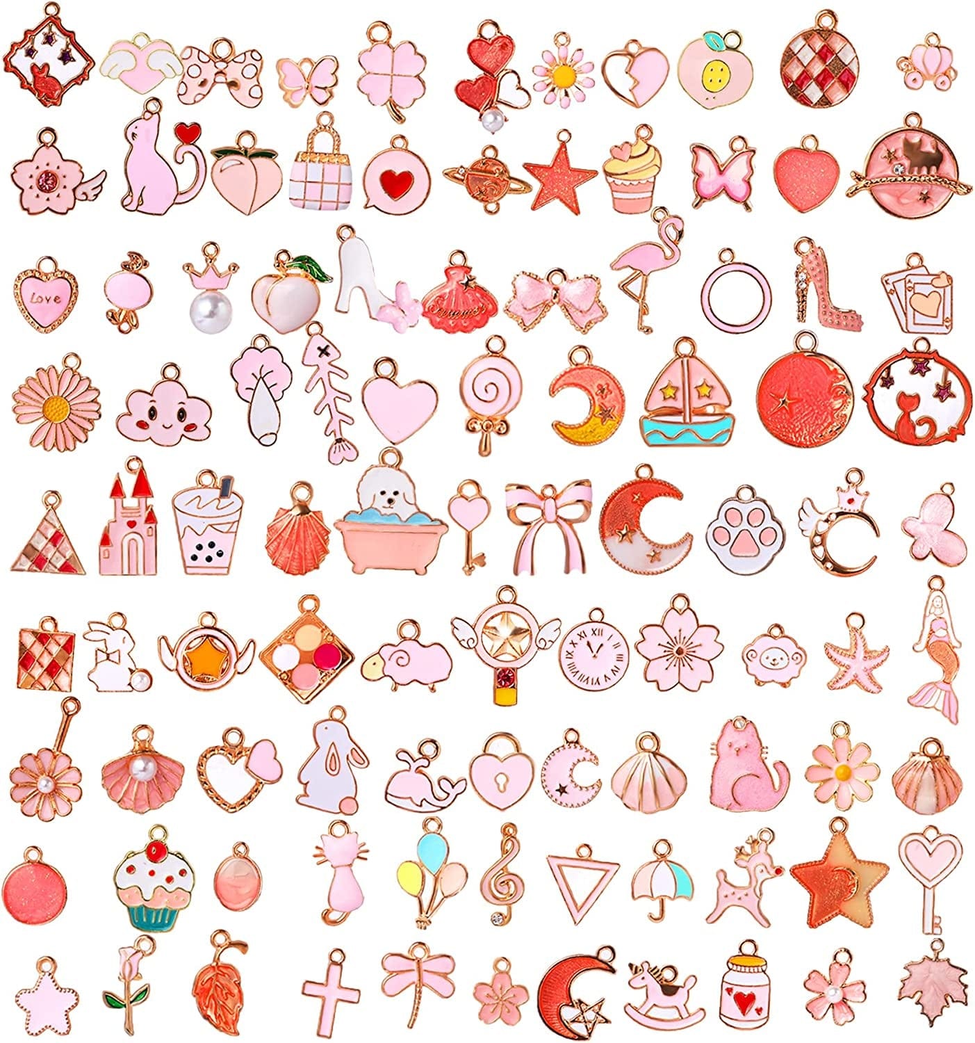 110Pcs Assorted Gold Plated Enamel Pendants Necklace Bracelet Charms for Jewelry Making Pink