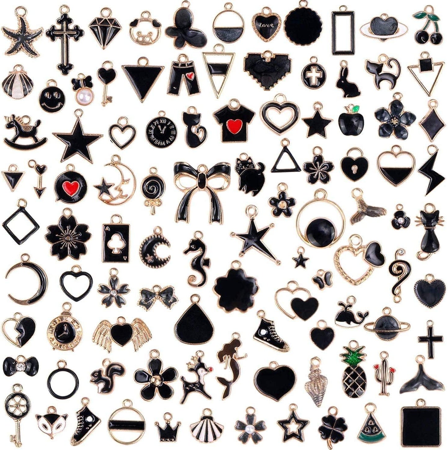 110Pcs Assorted Gold Plated Enamel Pendants Necklace Bracelet Charms for Jewelry Making Black