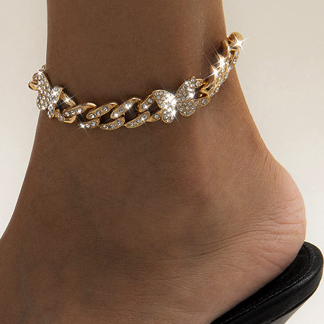 DRESBE Boho Butterfly Anklet Gold Rhinestone Cuban Link Anklets Chunky Ankle Bracelet Party Prom Foot Jewelry Chain for Women and Girls JL102 Apparel & Accessories > Jewelry > Anklets DRESBE