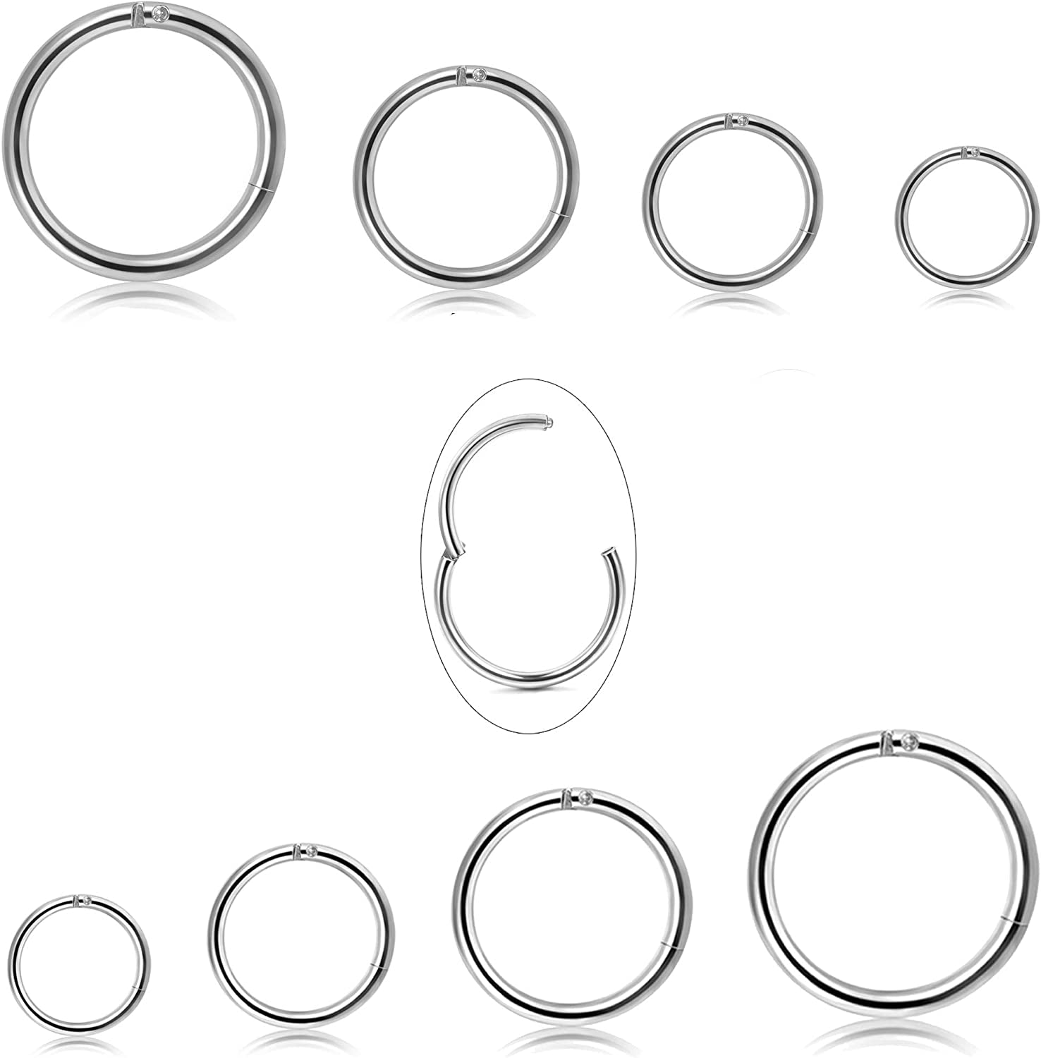 Jstyle 8Pcs 16G Surgical Steel Hinged Clicker Segment Nose Rings Hoop Helix Cartilage Daith Tragus Sleeper Earrings Body Piercing 6-12MM Improved Apparel & Accessories > Jewelry > Rings Jstyle Silver-tone