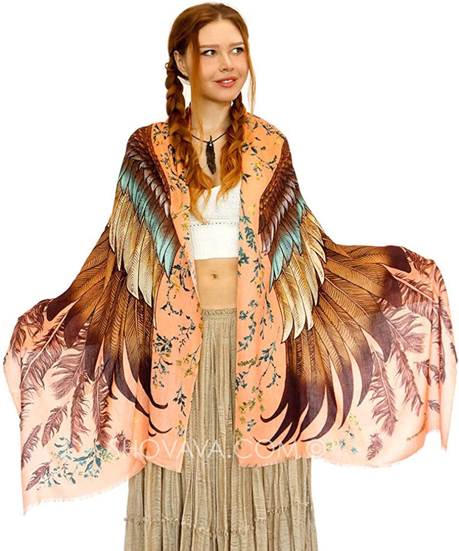 Bird Feathers Hand Painted & Printed Pure Cotton Shawl Scarf Apparel & Accessories > Clothing Accessories > Scarves & Shawls Shovava Saffron