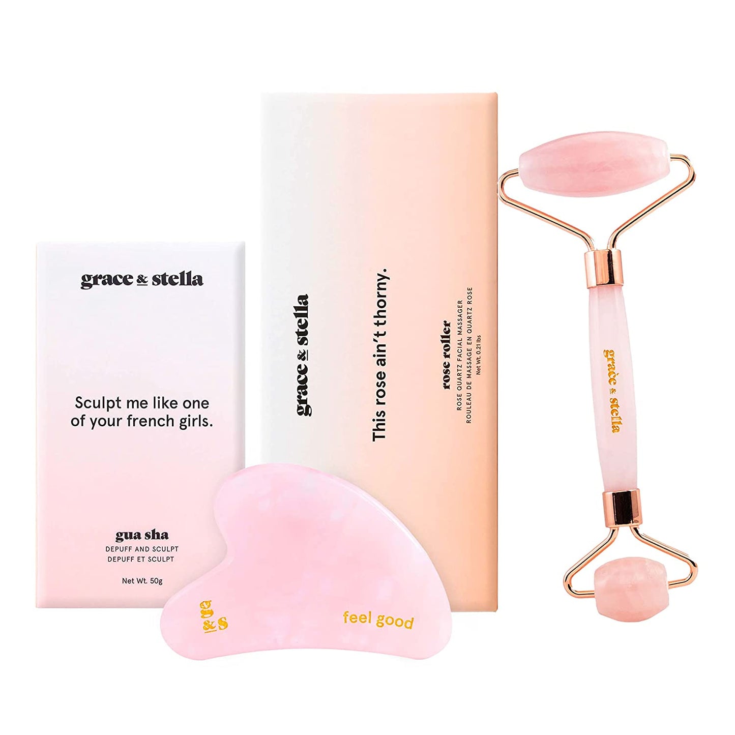 Rose Quartz Gua Sha Massage Tool - Guasha Tool for Face - Skincare Gua Sha Stone - Sculpting Jawline, Lymphatic Drainage, Depuffing, Massager - Face Gua Sha - Gusha Facial Tools for Scraping (Pink) Health & Beauty > Personal Care > Cosmetics > Cosmetic Tools > Skin Care Tools Grace & Stella Rose Roller + Gua Sha