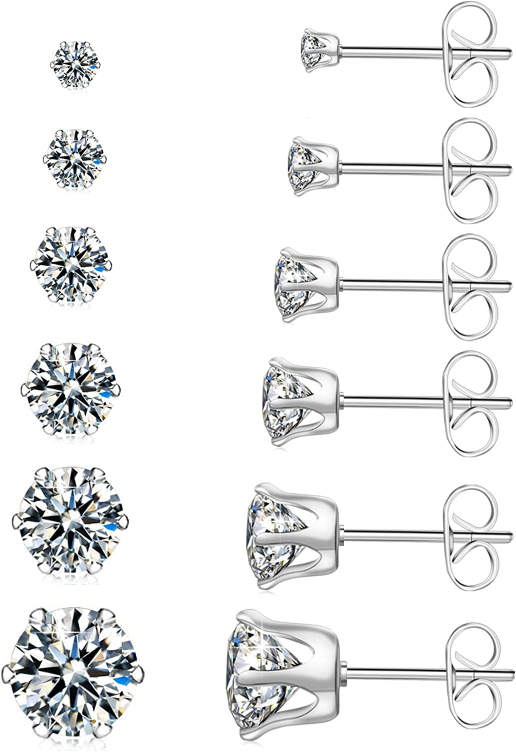 UHIBROS 6 Pairs Stainless Steel Stud Earrings Set Hypoallergenic Cubic Zirconia 14K White Gold 316L CZ Earrings Apparel & Accessories > Jewelry > Earrings UHIBROS A-silver
