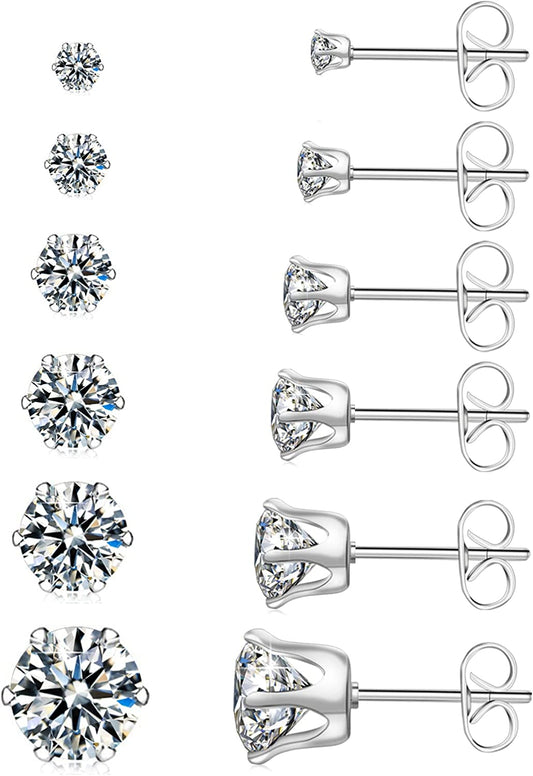 UHIBROS 6 Pairs Stainless Steel Stud Earrings Set Hypoallergenic Cubic Zirconia 14K White Gold 316L CZ Earrings Apparel & Accessories > Jewelry > Earrings UHIBROS A-silver