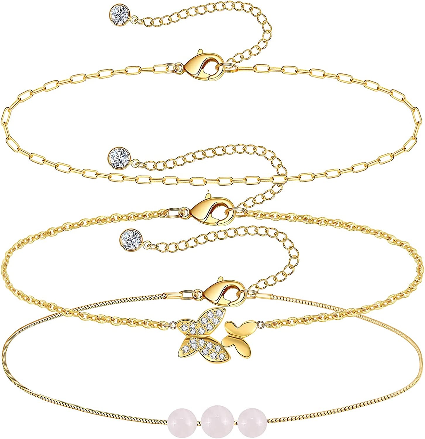 Gold Ankle Bracelets for Women 14K Gold Plated Anklet Silver Evil Eye Butterfly Star Rose Quartz Bead Box Paperclip Chain Dainty Layered Anklet Set 3Pcs Jewelry Gifts for Teen Girls Apparel & Accessories > Jewelry > Anklets Budding Gallery E-Yellow Gold-Butterfly