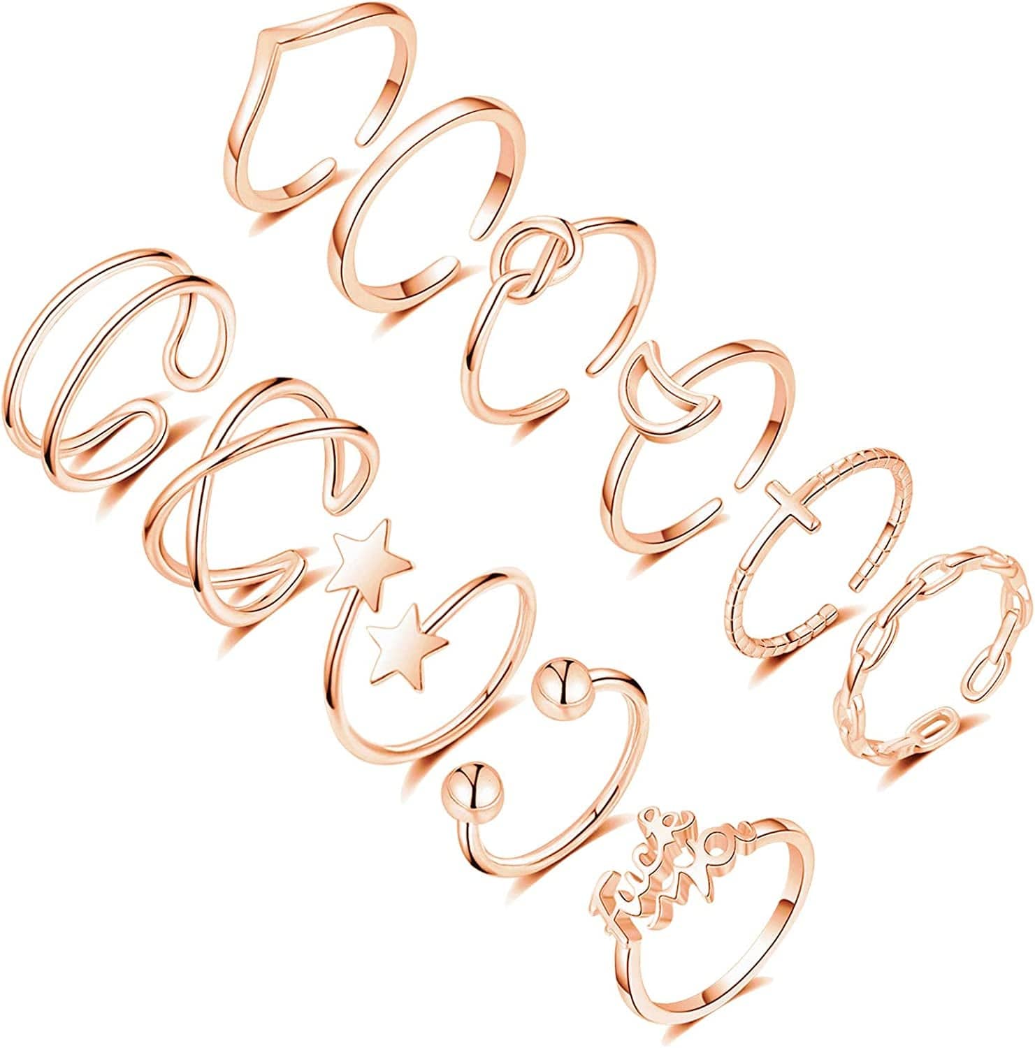 11PCS Adjustable Rings for Women,14K Gold Silver Knuckle Rings Set Stackable Finger Rings Pack Open Ring Set for Women Teen Girls C:Rose Gold