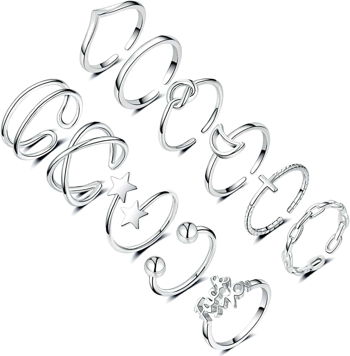 11PCS Adjustable Rings for Women,14K Gold Silver Knuckle Rings Set Stackable Finger Rings Pack Open Ring Set for Women Teen Girls A:Silver