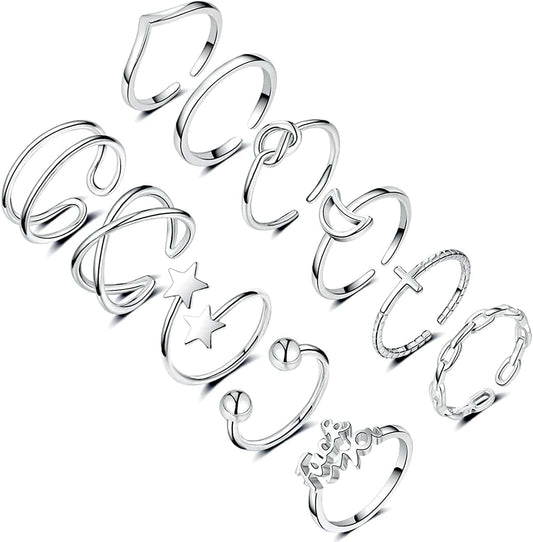 11PCS Adjustable Rings for Women,14K Gold Silver Knuckle Rings Set Stackable Finger Rings Pack Open Ring Set for Women Teen Girls A:Silver