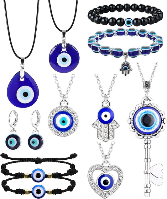 11Pcs Evil Eye Necklace Pendant for Women Men Leather Rope Evil Eye Earrings Protection Bracelet Jewelry Set Evil Eye Charms